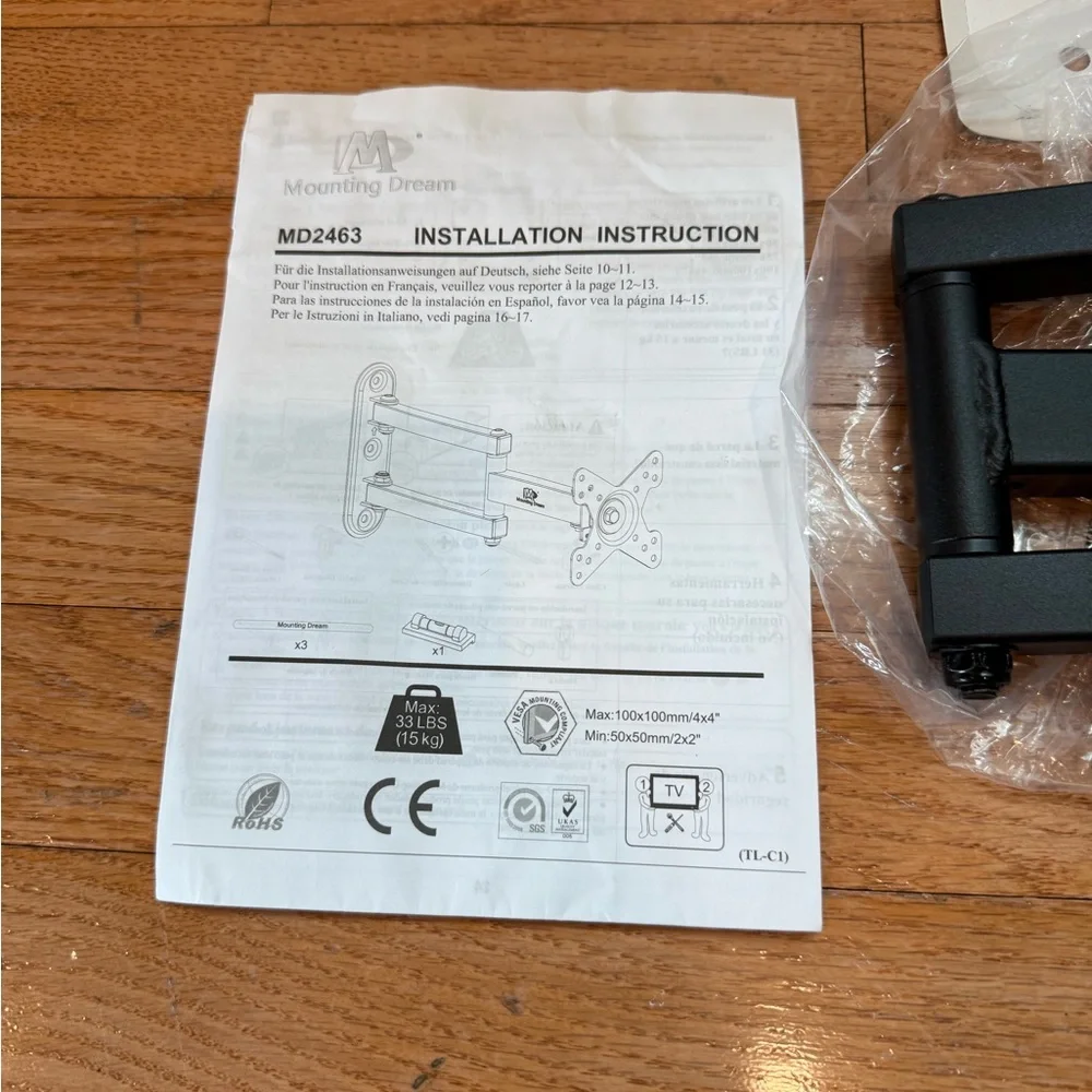 never used Mounting Dream UL Listed Full Motion Monitor Wall Mount TV bracket